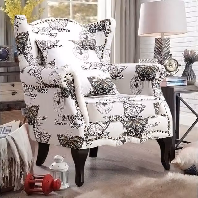 Livingandhome Retro Floral Pattern White Velvet Wingback Armchair