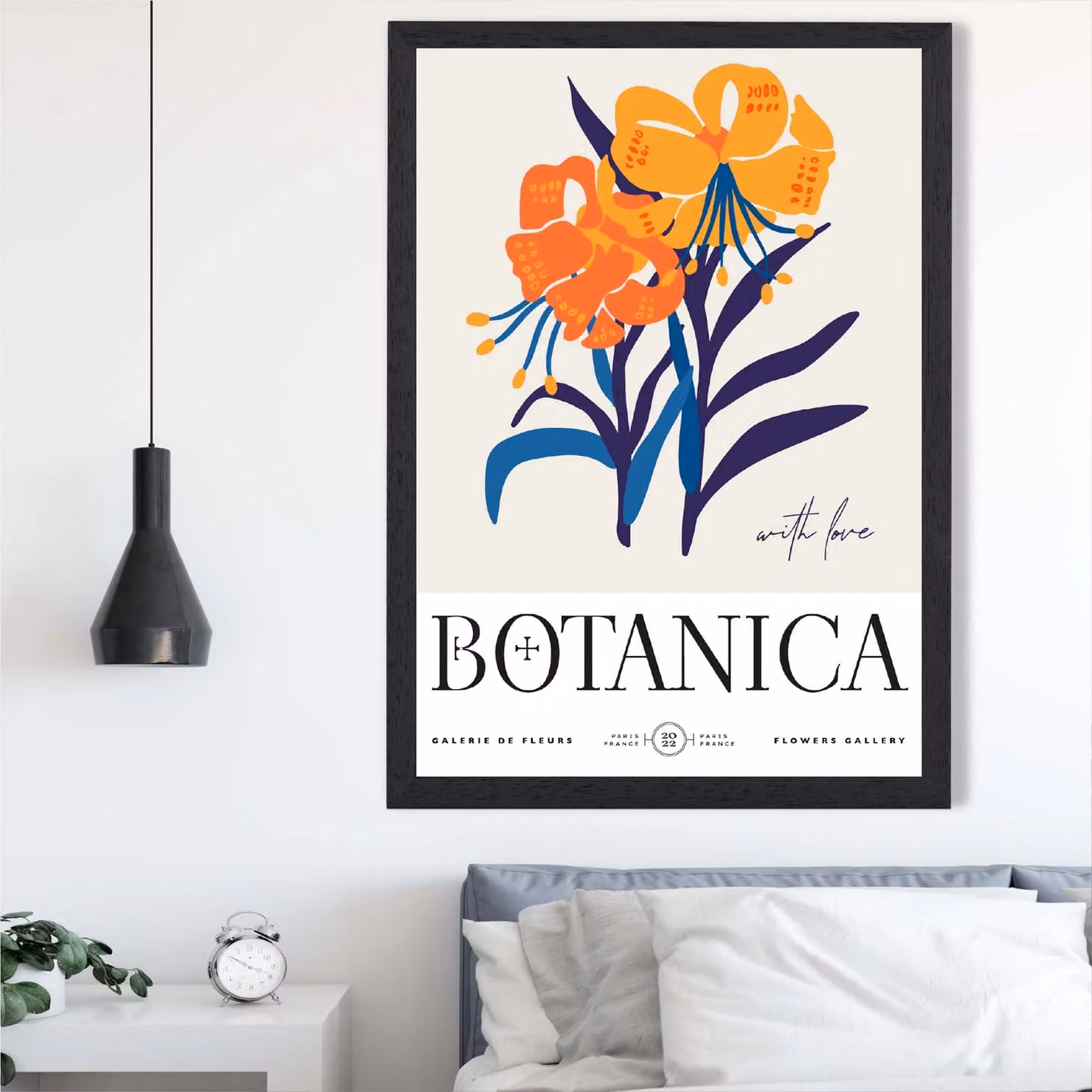 ARTZE Blue and Orange Florals Flower Market Exhibition Framed Print with Black Frame, A4 – 2