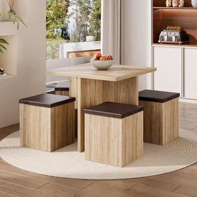 Livingandhome 5-Piece Modern Square Dining Table Set with Storage Ottoman Chairs in Brown and Yellow