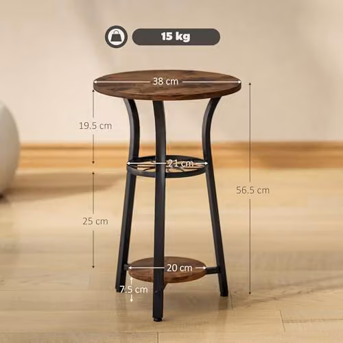 HOMCOM Round Side Table in Rustic Brown and Black with Industrial Design, W/D/H: 38 x 38 x 56.5 cm – 3