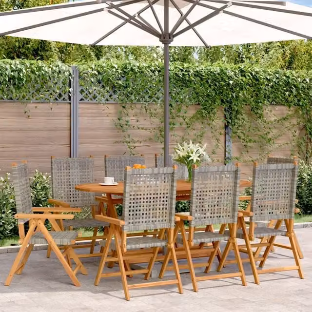 Berkfield Home Set of 8 Grey Poly Rattan Reclining Garden Chairs with Acacia Wood Frames