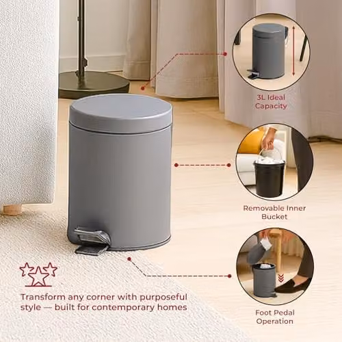 iTrend Grey 3L Pedal Dustbin and Toilet Brush Set with Holder, Made from Powder Coated Steel and Stainless Steel – 2