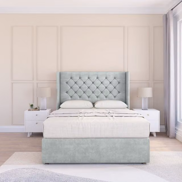 Sloomy Dior Naples Wingback Bed Set in Silver Velvet with Floor Standing Headboard, Small Double, W/D/H: 120 x 200 cm