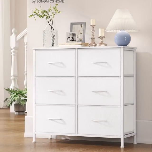 SONGMICS Modern Freestanding Chest of Drawers with 6 Fabric Drawers in White and Black
