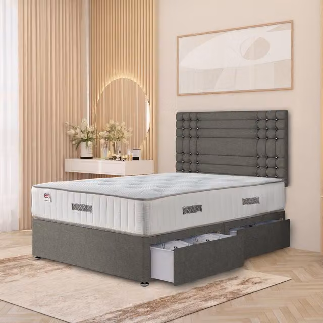 Somnior Beds Ltd Saville Linen Divan Bed Set with 32 inch Headboard and Orthopaedic Mattress, Silver/Grey, W/D/H: 200 x 200 cm