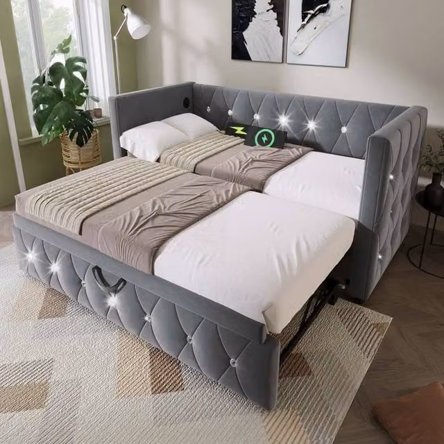 Rolipo Grey Velvet Single Daybed with USB Charging Station and Trundle, W/D/H: 200 x 90 x 76 cm