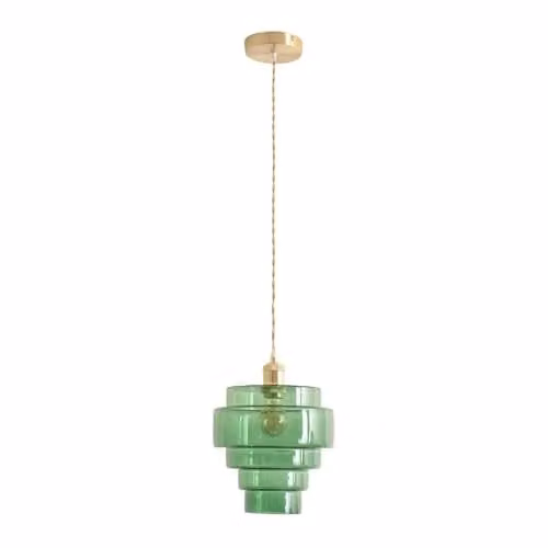 ValueLights Lane Green Glass 5 Tier Layered Single Ceiling Pendant Light with Brushed Gold Finish