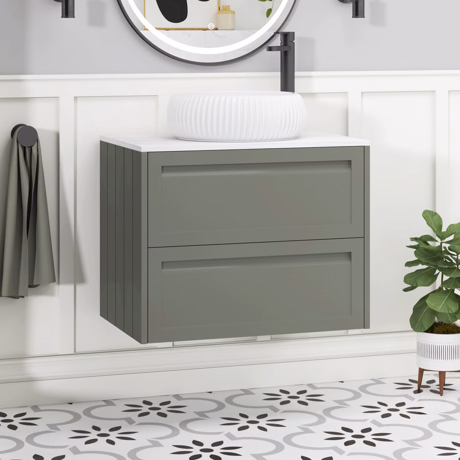 Royal Bathrooms Elmore Matt Green Wall Hung Vanity Unit with Milan Basin and 2 Drawers, Width: 70 cm