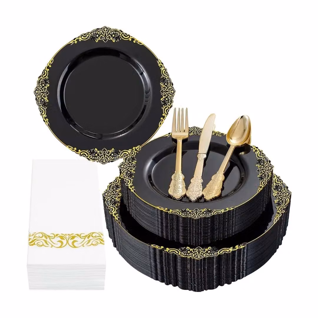 VOGREX 175-Piece Disposable Plastic Dinnerware Set for 25 People in Black and Gold Multicolour – 5