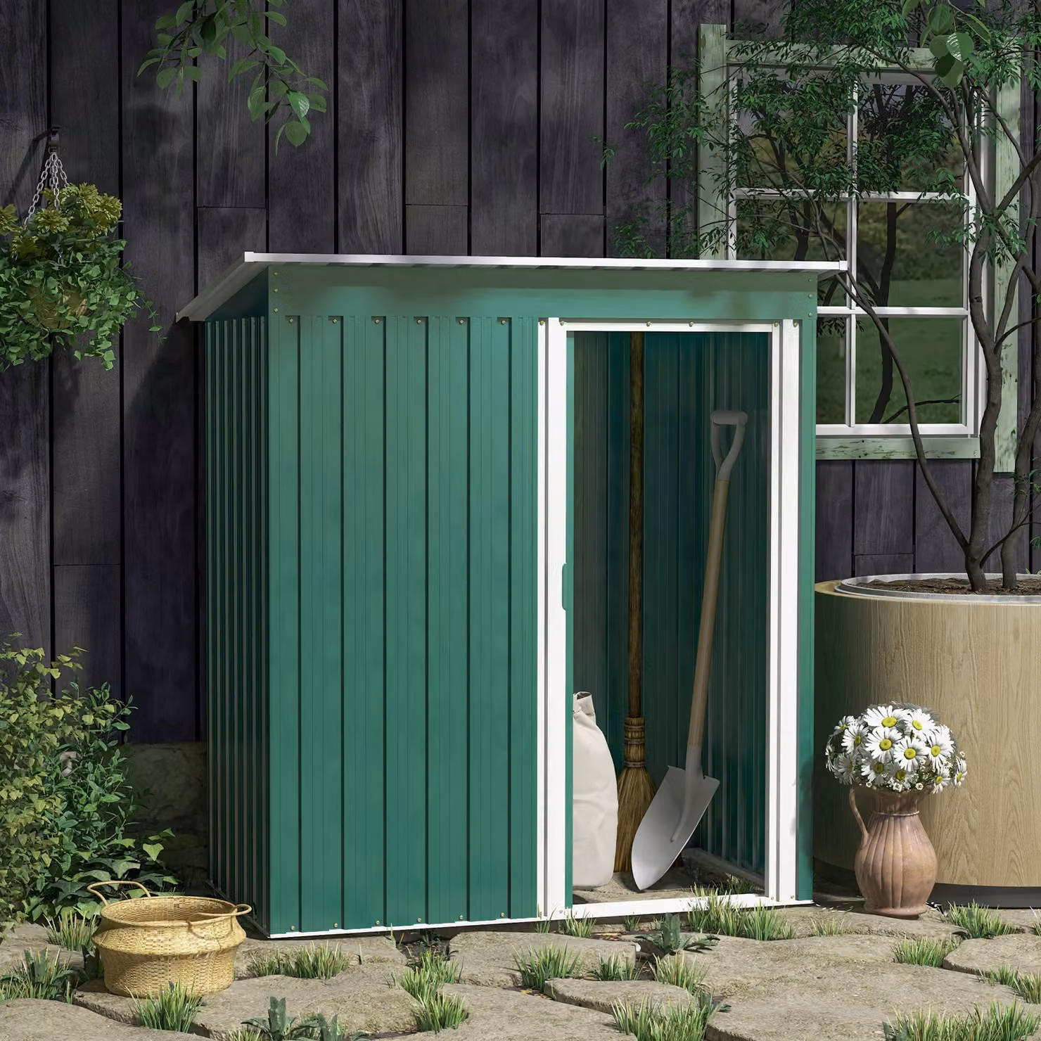 Outsunny Green Metal Garden Storage Shed with Sliding Door and Sloped Roof, W/D/H: 152.4 x 91.44 x 182.0 cm – 2