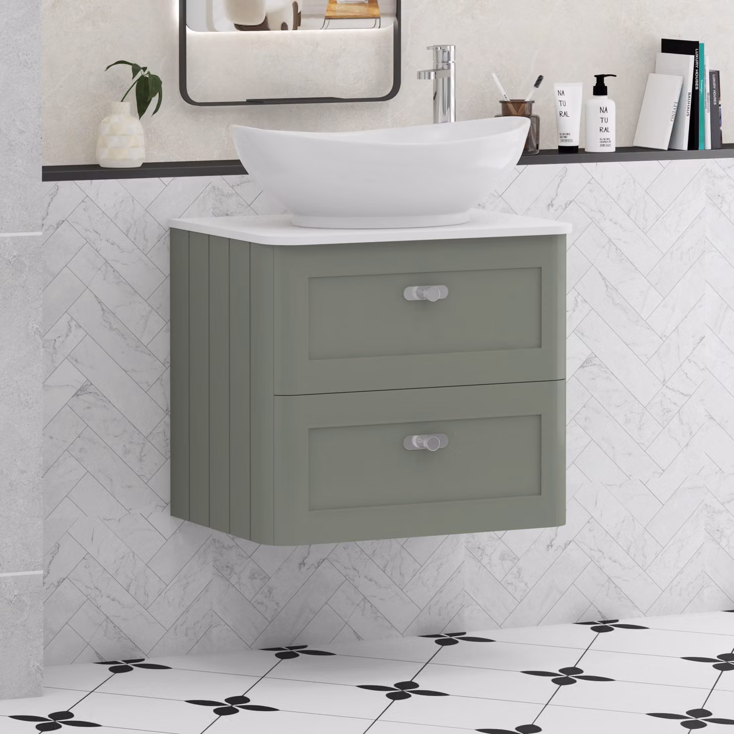 Royal Bathrooms Henley 600mm Sage Green Wall Hung Vanity Unit with 2 Drawers, Plain White Worktop, Amaze Basin and Chrome Knob