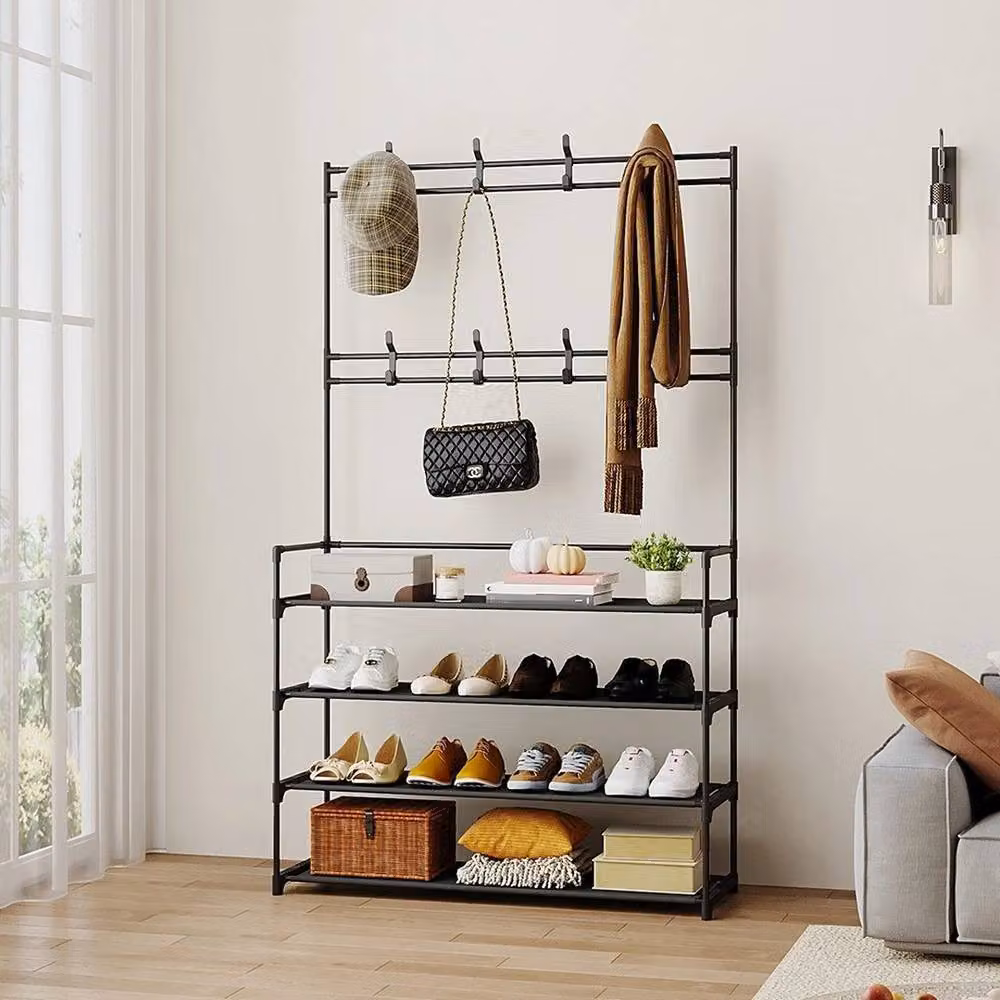 KORVIXA 4-Tier Metal Coat Rack Stand with 8 Hooks in Matt Black, Width: 90 cm – 3