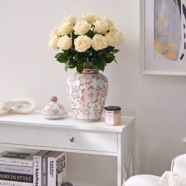 Wyld and Coco Porcelain Lidded Ginger Jar Vase with Red Floral Design in White, W/D/H: 18 x 18 x 36 cm – 1