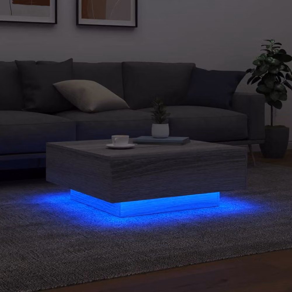 Berkfield Home Modern Square Coffee Table with LED Lights in Grey Sonoma, W/D/H: 80 x 80 x 31 cm – 3
