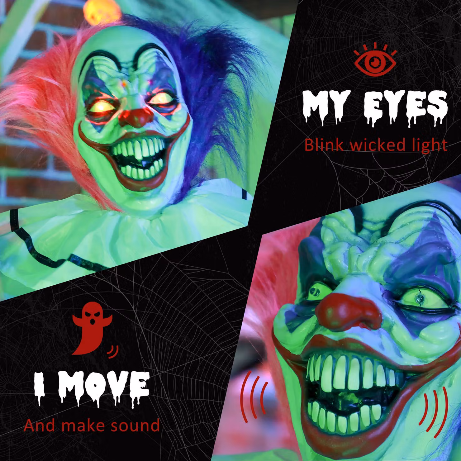 HOMCOM Halloween Clown Animatronic Prop with Light Up Eyes in Multicolour Striped Textile – 4