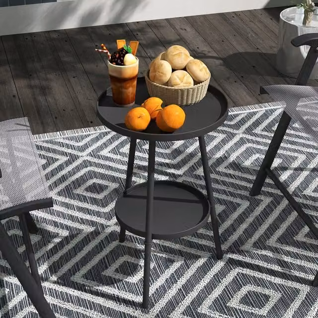 Outsunny 2-Tier Round Garden Table in Matt Black Metal