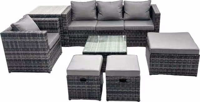 Fimous 7 Seater Patio Lounge Sofa Set with Side Table and 3 Ottomans in Grey