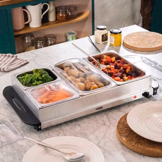 Cooks Professional 4-Section Buffet Warmer in Silver with Hotplate Function and Adjustable Temperature, 7.2L – 1