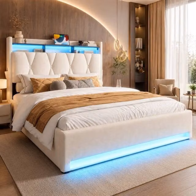 STILVORA Beige Velvet Upholstered Double Bed Frame with LED Lighting, USB Charging Ports, Bedside Shelves and Lift-Up Storage W/D/H: 140 x 200 x 137 cm