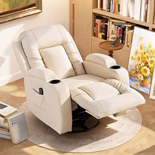 HOMCOM Recliner Armchair with Massage and Heat, Beige Faux Leather – 3