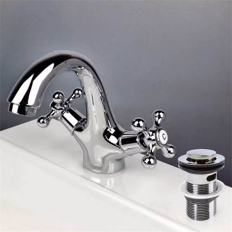 Nordara Chrome Classic Dual Handle Bathroom Basin with Slotted Waste in Silver, W: 52 cm, D: 52 cm, H: 1000 cm