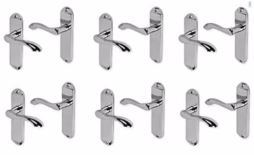 Golden Grace Long Backplate Set Lever Latch Door Handles in Polished Chrome, 6 Pairs