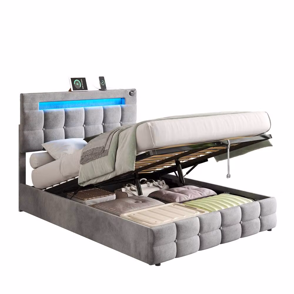 BTM Grey Velvet Double Bed with Hydraulic Storage, LED Lighting and USB Charging Headboard, W/D/H: 142 x 190 x 39.5 cm – 6