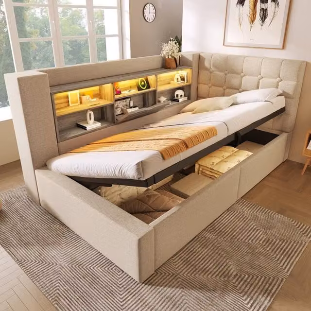 Matteo Beige Upholstered Single Sofa Bed with Storage and USB Charging Port, W/D/H: 90 x 190 cm – 1