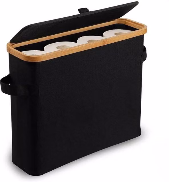 NESTLUNE Waterproof Freestanding Bamboo Toilet Roll Storage Basket in Black