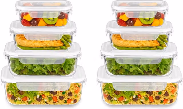 Innoteck Set of 8 Airtight and Leakproof Glass Food Storage Containers with Plastic Lids, Transparent, 7.08 l