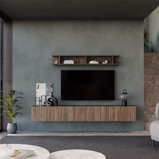 Decorotika Albi Black Modern Wall Mounted Entertainment Center with Geometric Pattern and Internal Shelves