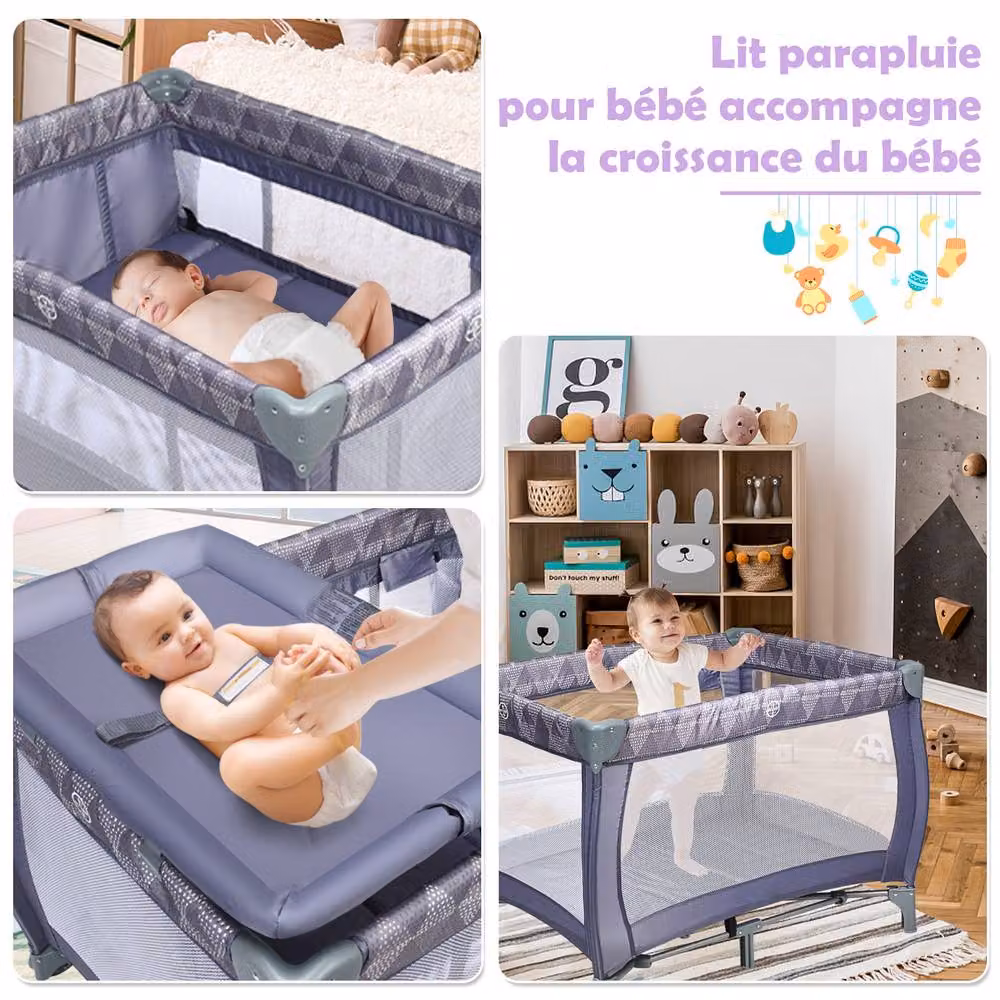 Costway 3 in 1 Foldable Travel Cot, Baby Crib and Playard with Bassinet in Grey – 6