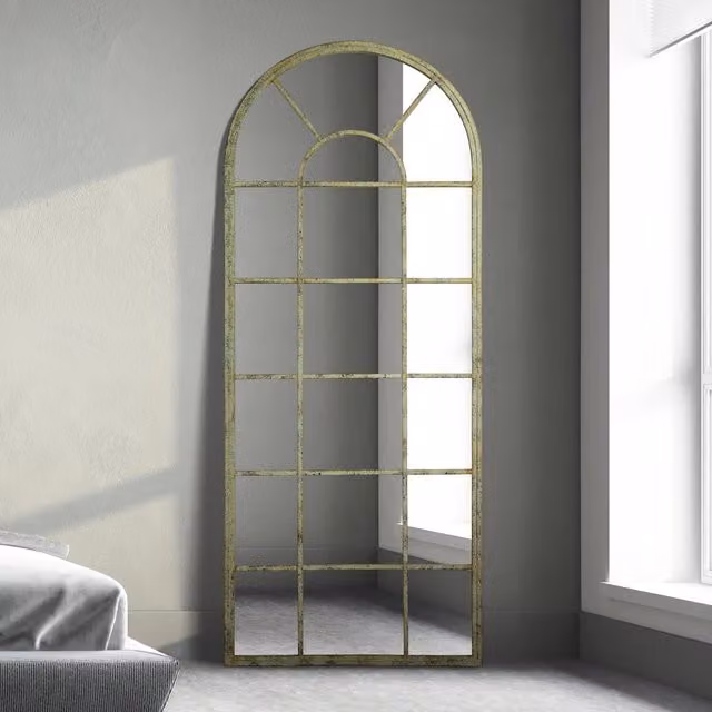 MirrorOutlet The Dorset Rustic Metal Framed Arched Leaner Wall Mirror, Green, Height: 159 cm