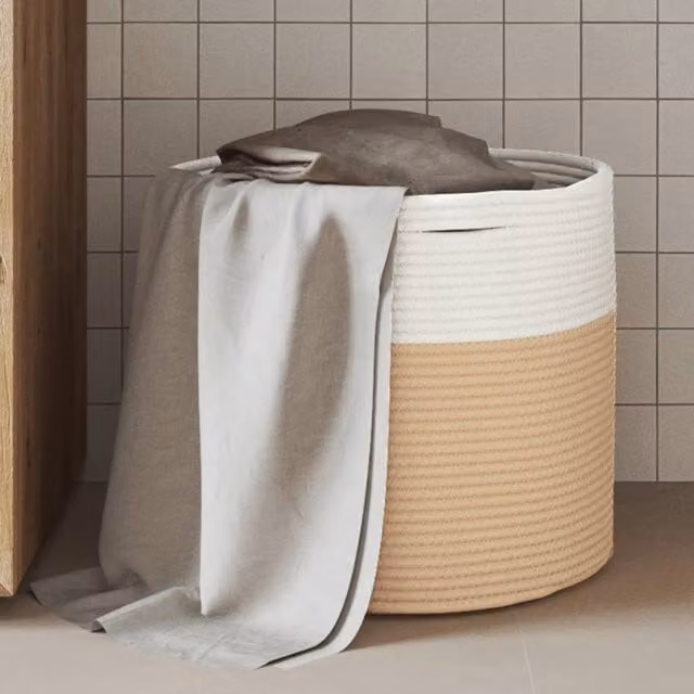 Berkfield Open Weave Cotton Storage Basket in Beige and White, W: 40 cm, D: 35 cm, H: 35 cm – 1