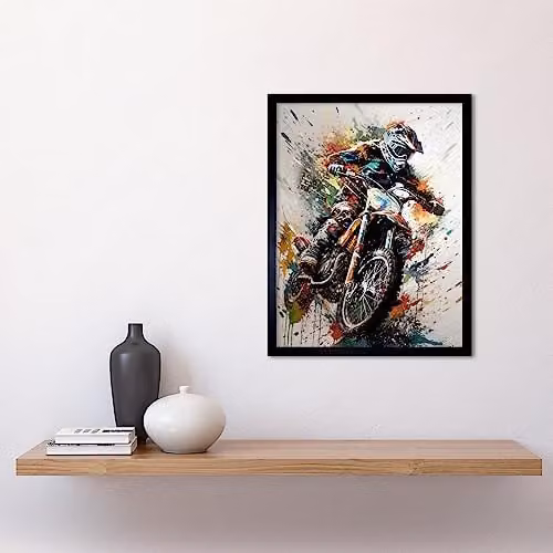 Artery8 Motocross Racer Paint Splat Action Shot Portrait Art Print Framed Poster, Multicolour, W: 30.5 cm, H: 40.6 cm – 2