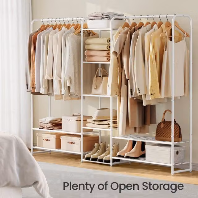 SONGMICS Modern Matte White Metal Open Wardrobe with Clothes Rail and Shoe Rack