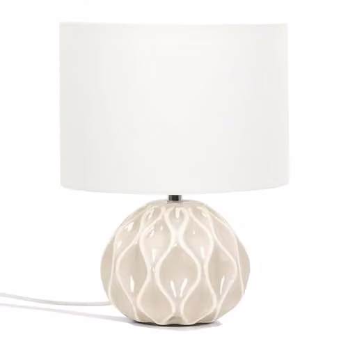 ValueLights Natural Textured Ceramic Table Lamp with White Fabric Lampshade and LED Bulb – 1
