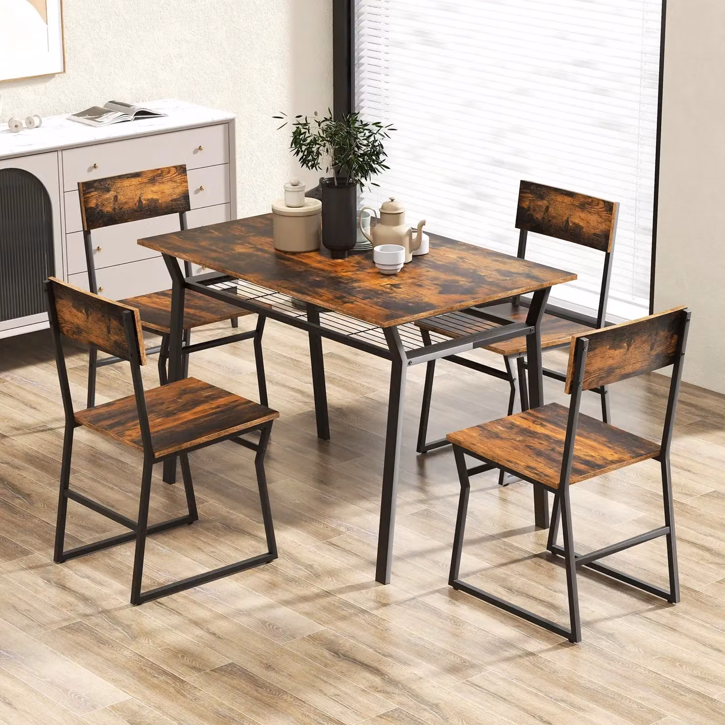 Costway 5-Piece Industrial Dining Table Set with 4 Chairs in Brown – 3