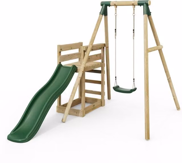 Rebo Solar Wooden Single Swing Set with Slide in Green