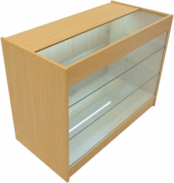 Monstershop K1200 LED Retail Shop Counter in Maple and Beige with Glass Doors and Integrated Lighting