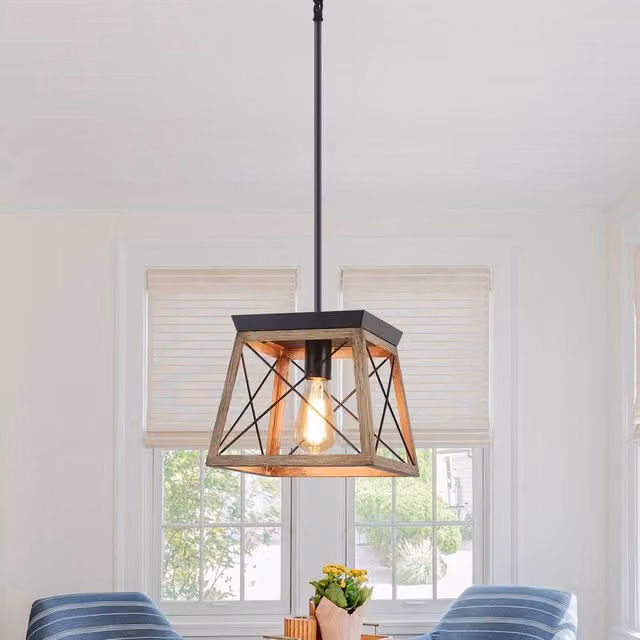 NIVOR Rustic Brown Wooden Lantern Chandelier, Adjustable Dimmable Cage Pendant Light with E27 Socket