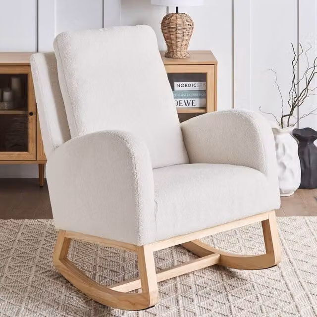 Wyld and Coco Off-White Boucle Rocking Armchair with White Rubberwood Legs