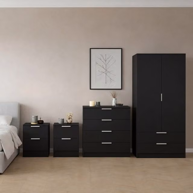 Vida Designs Trega 4 Piece Modern Black Bedroom Set including Wardrobe, Chest of Drawers and Nightstands