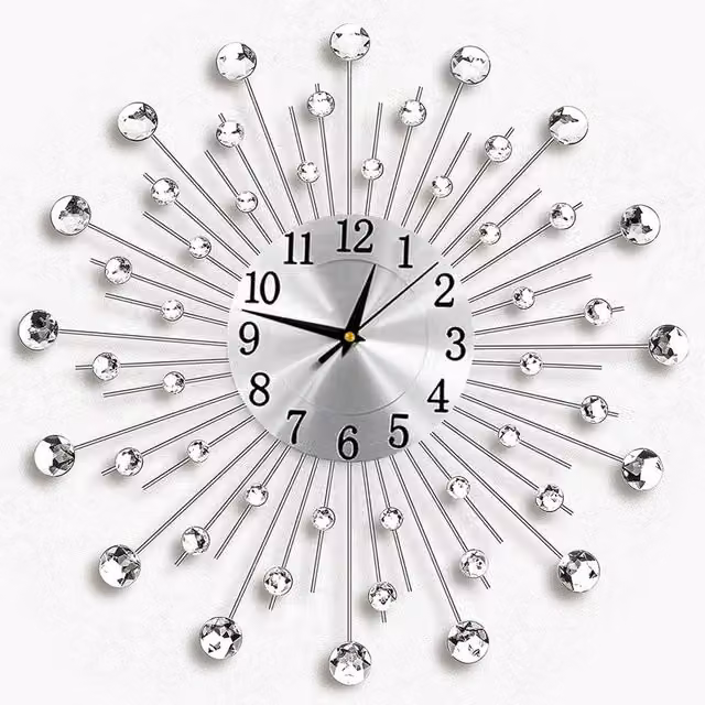 KORVIXA Silver Diamante Beaded Jeweled Round Analog Wall Clock