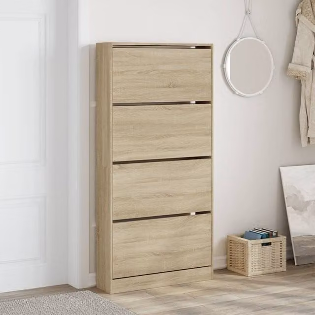 Berkfield Home Shoe Cabinet with 4 Tilting Compartments in Sonoma Oak and Beige, W: 80 cm, D: 21 cm, H: 163.5 cm – 1