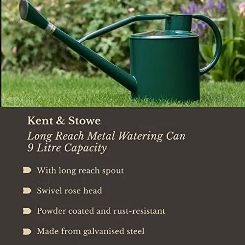 Kent & Stowe Classic Long Reach Galvanised Steel Watering Can with Rose Head, Green, 9L – 2