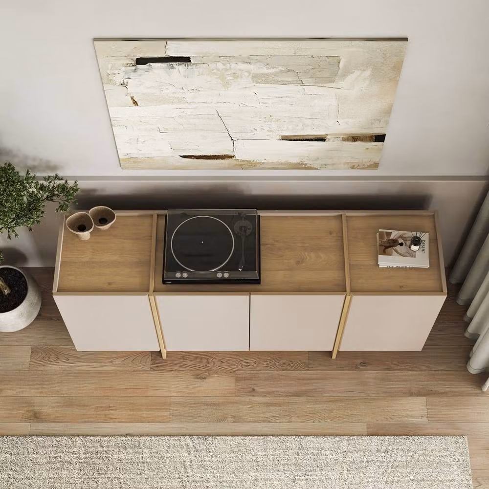 CALICOSY ONYX 4-Door Sideboard in Beige with Oak Finish, Width: 180 cm – 2