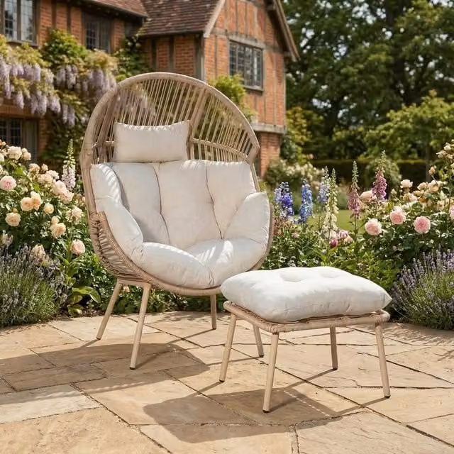 Rosewood & Stone Home Cragside Standing Egg Chair and Footstool in Cream and Beige Polyrattan