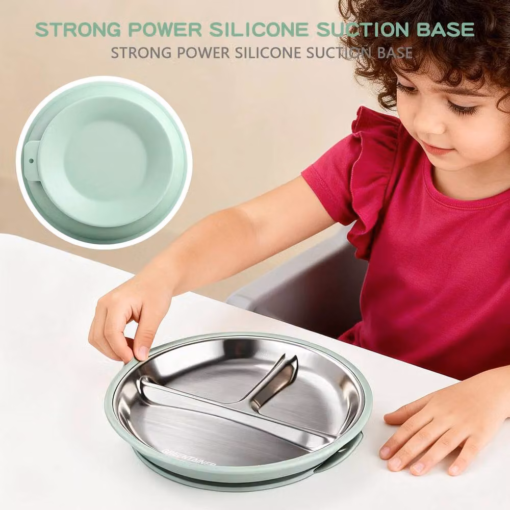 Greentainer 3-Piece BPA-Free Stainless Steel and Silicone Divided Plate Set with Suction Base, Green – 3