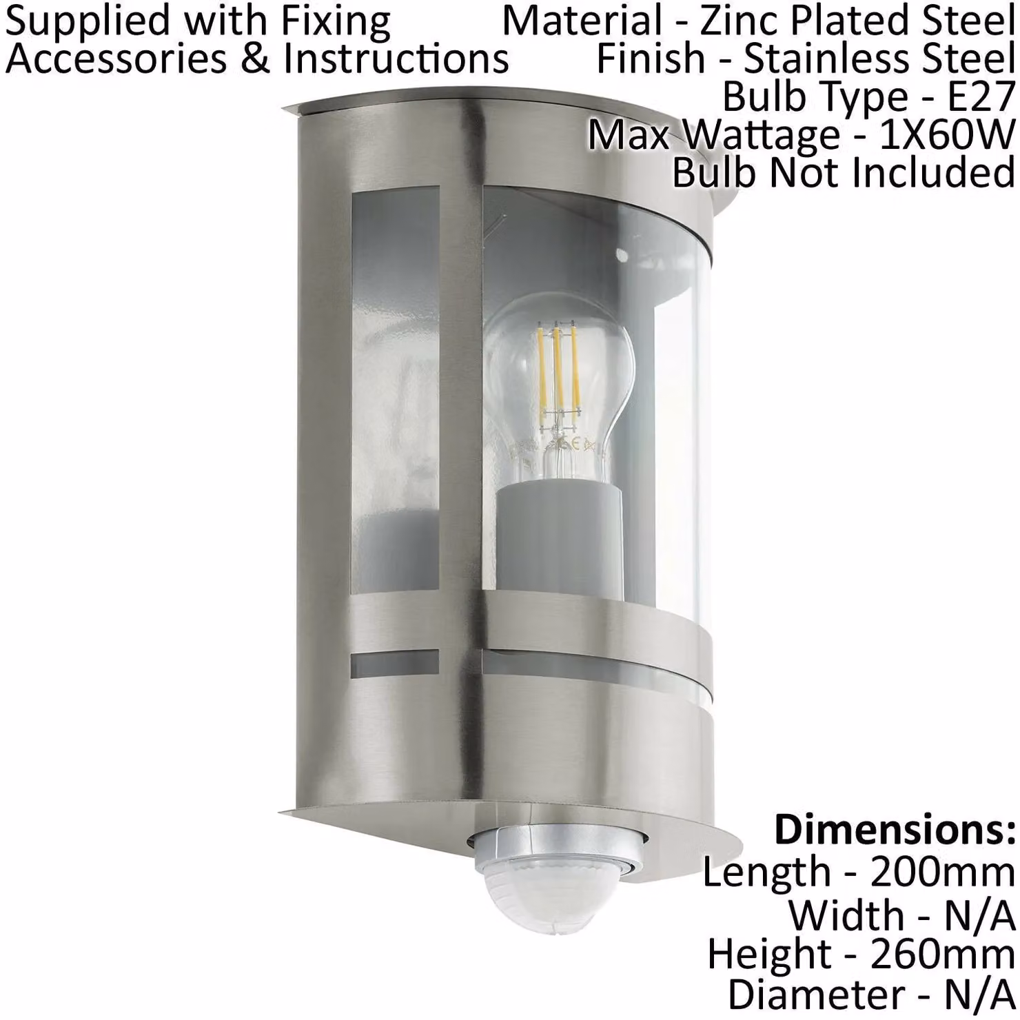 Loops 2 Pack Silver Stainless Steel Outdoor Wall Lights with PIR Motion Sensor, IP44 Rated, E27 60W – 2